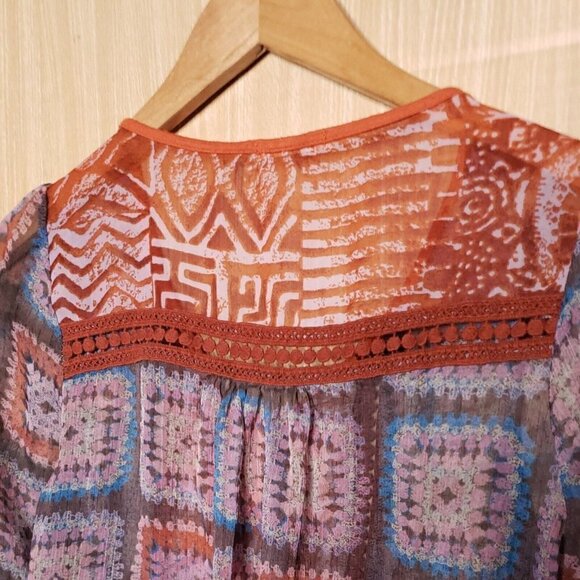 Gibson Orange Blue Sheer Boho Blouse Large - Picture 4 of 7